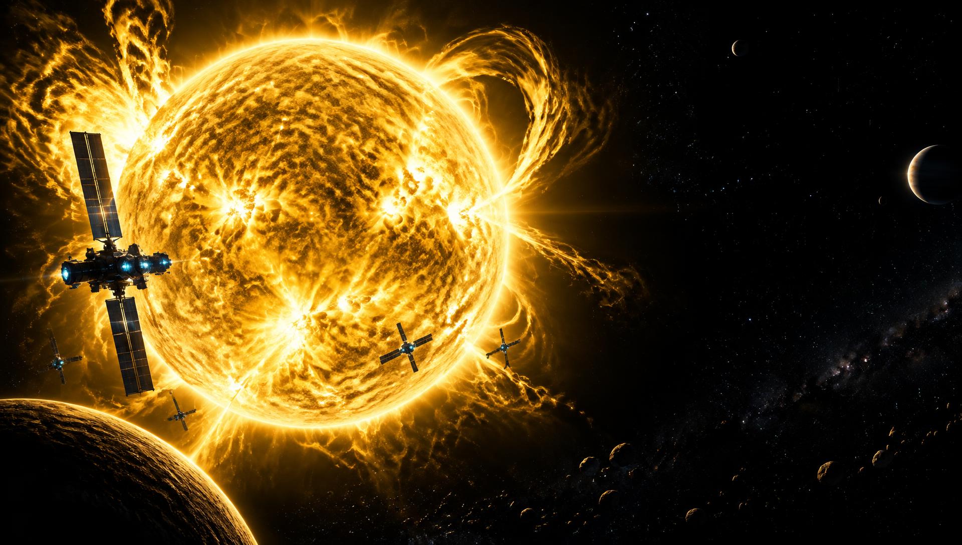 Solar powered satellites orbiting a blazing sun in deep space